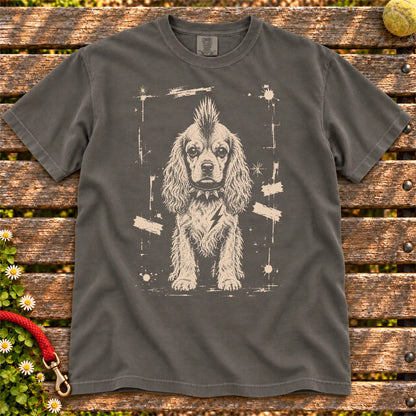 Cocker Spaniel Punk Rock design on a Pepper T-shirt shown flat