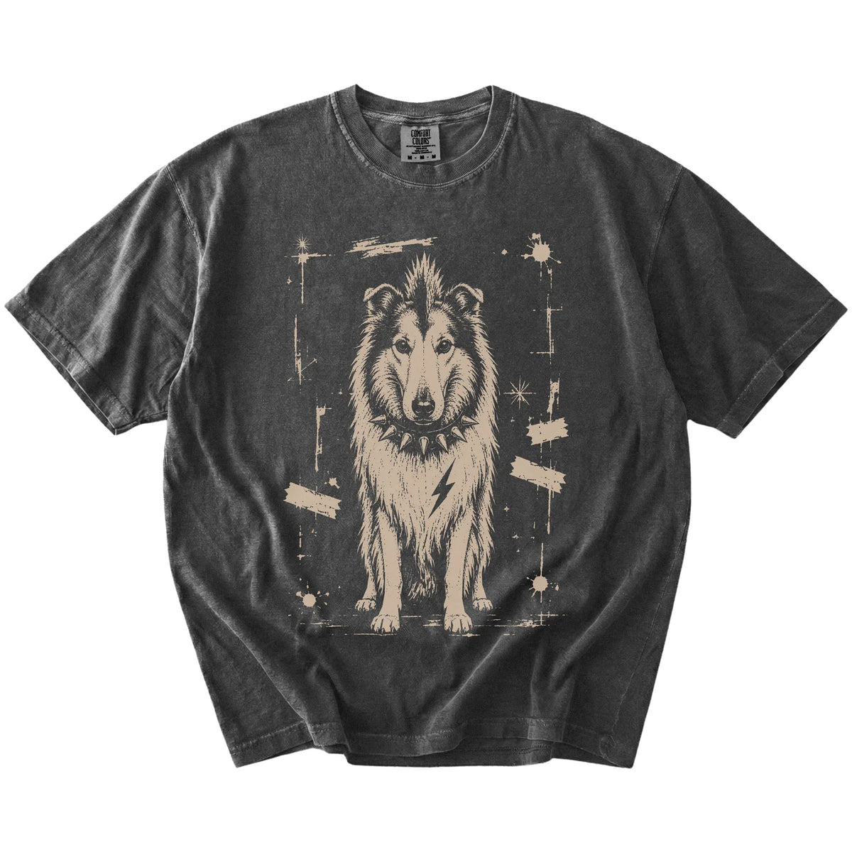 Pepper Punk Rock Collie T-Shirt laid flat