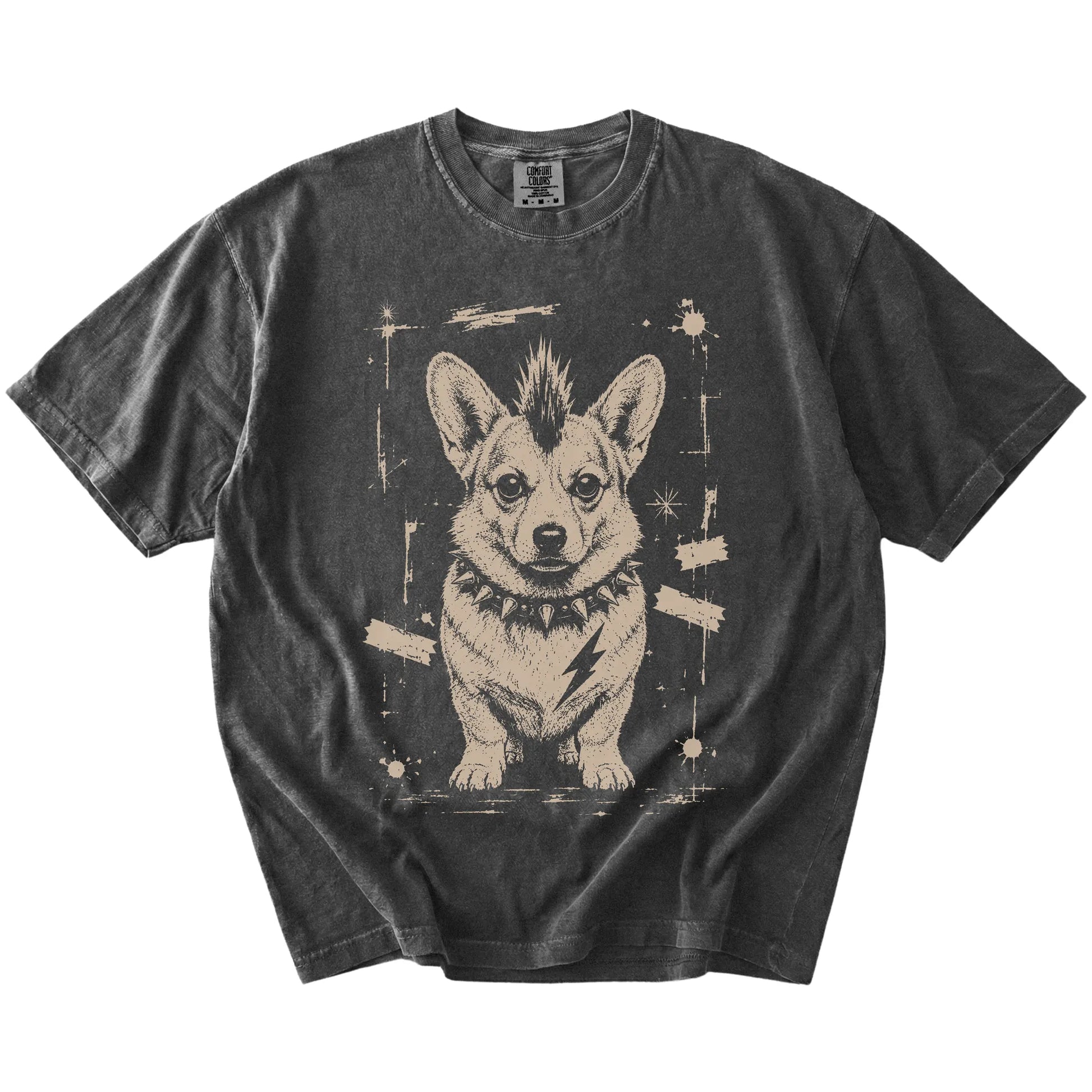 Pepper Punk Rock Corgi T-Shirt laid flat