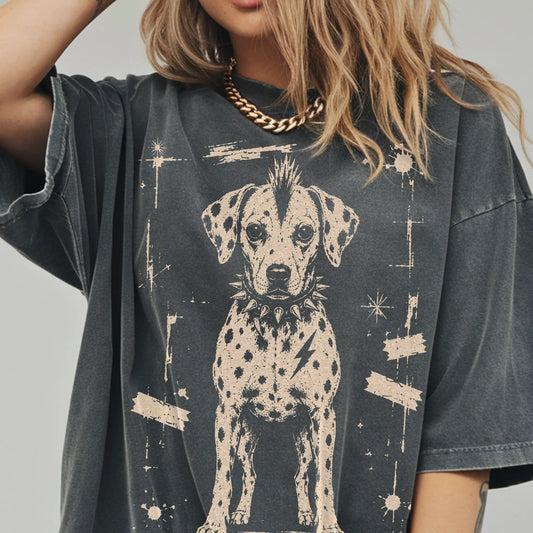 Woman wearing a Pepper Punk Rock Dalmatian T-Shirt