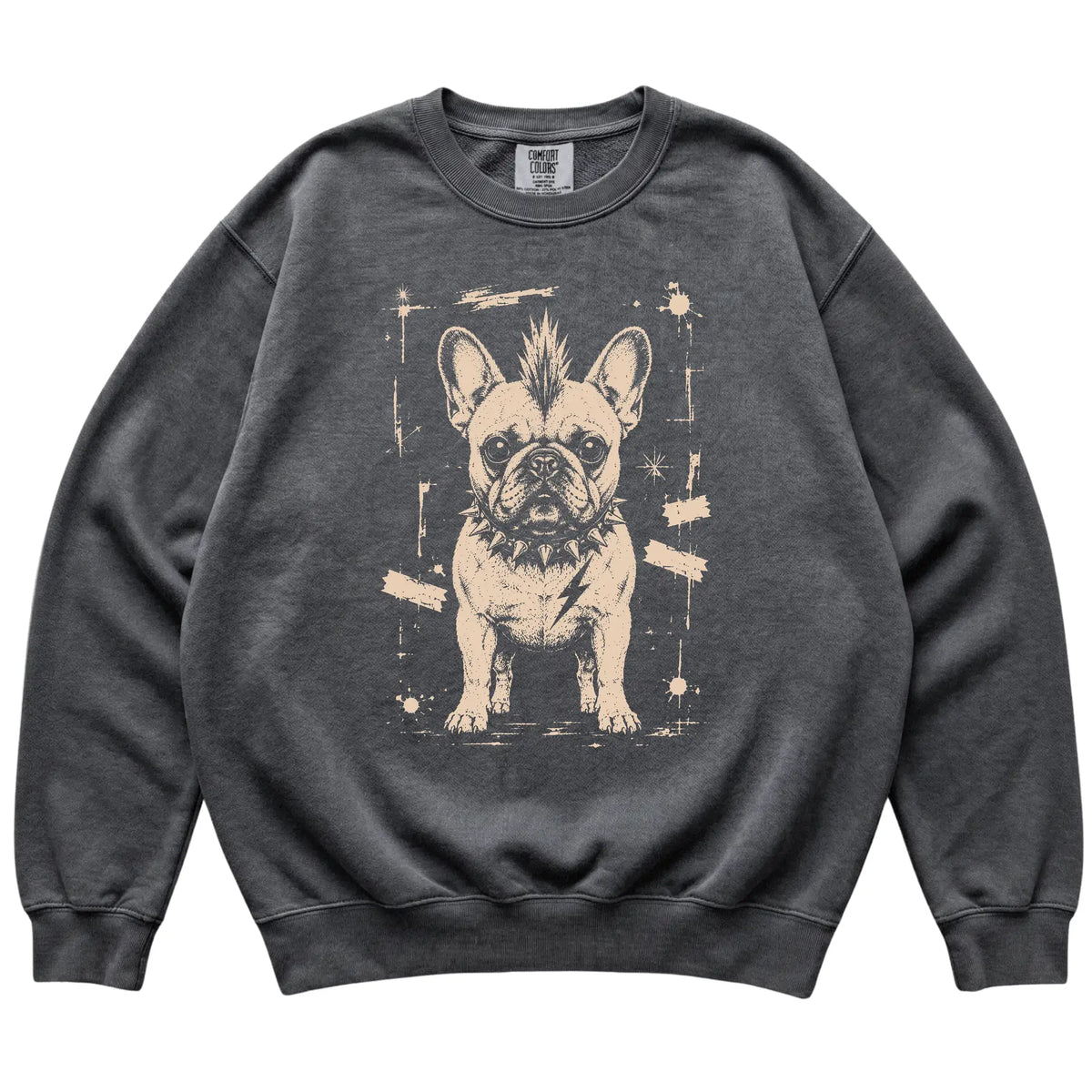 Pepper Punk Rock French Bulldog Comfort Colors sweatshirt, flat view