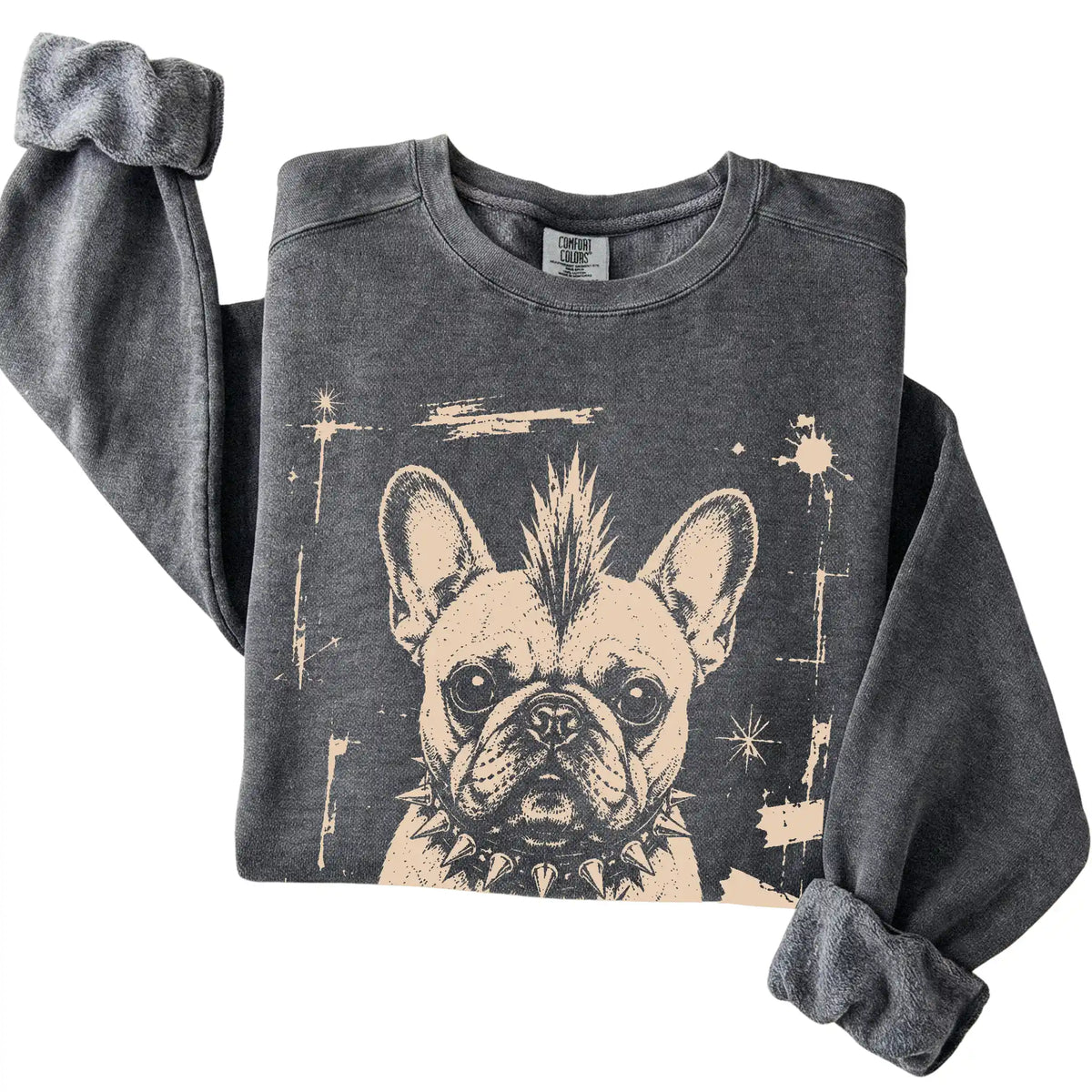 Pepper Punk Rock French Bulldog Comfort Colors sweatshirt, folded view
