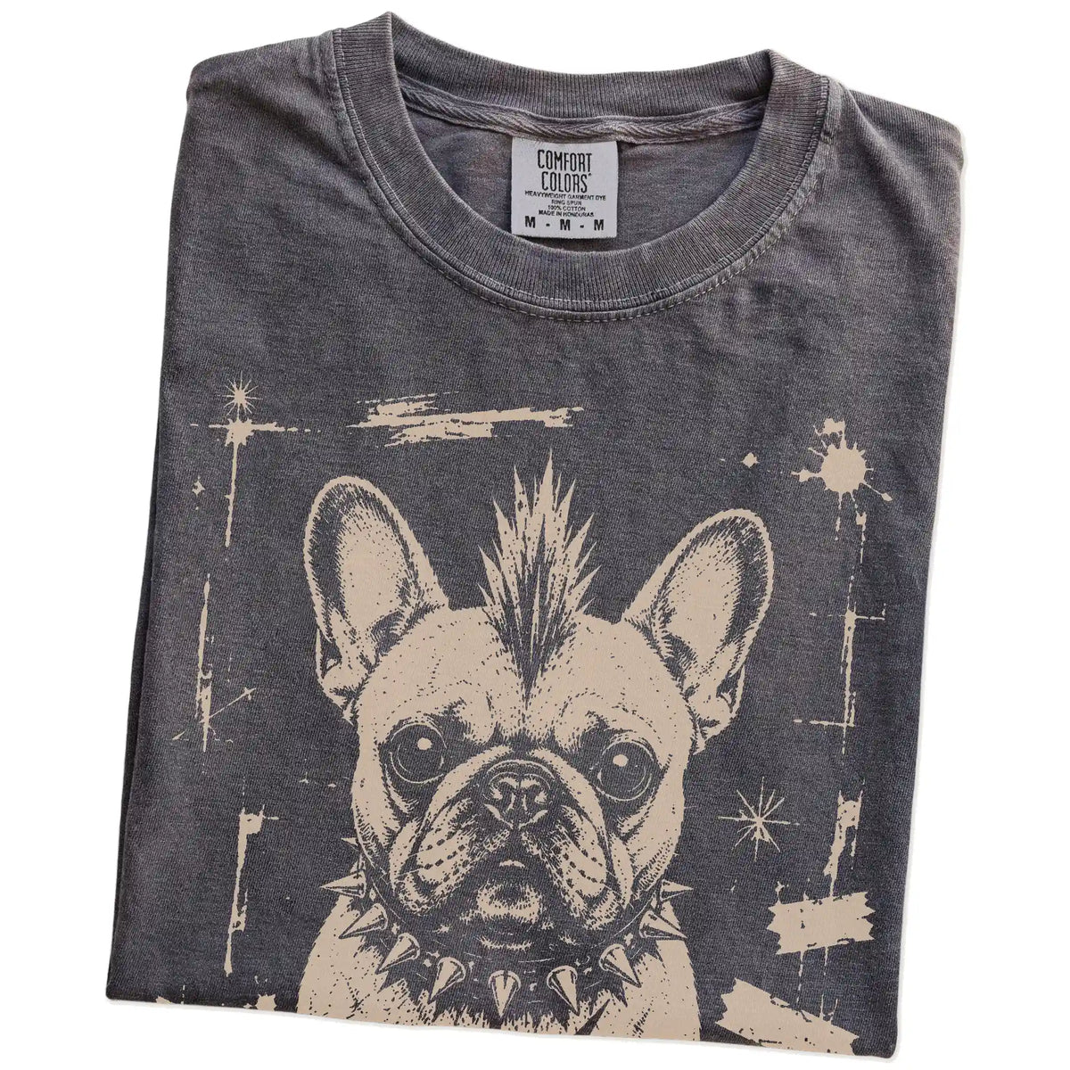 Folded Pepper Punk Rock French Bulldog T-Shirt showing the graphic