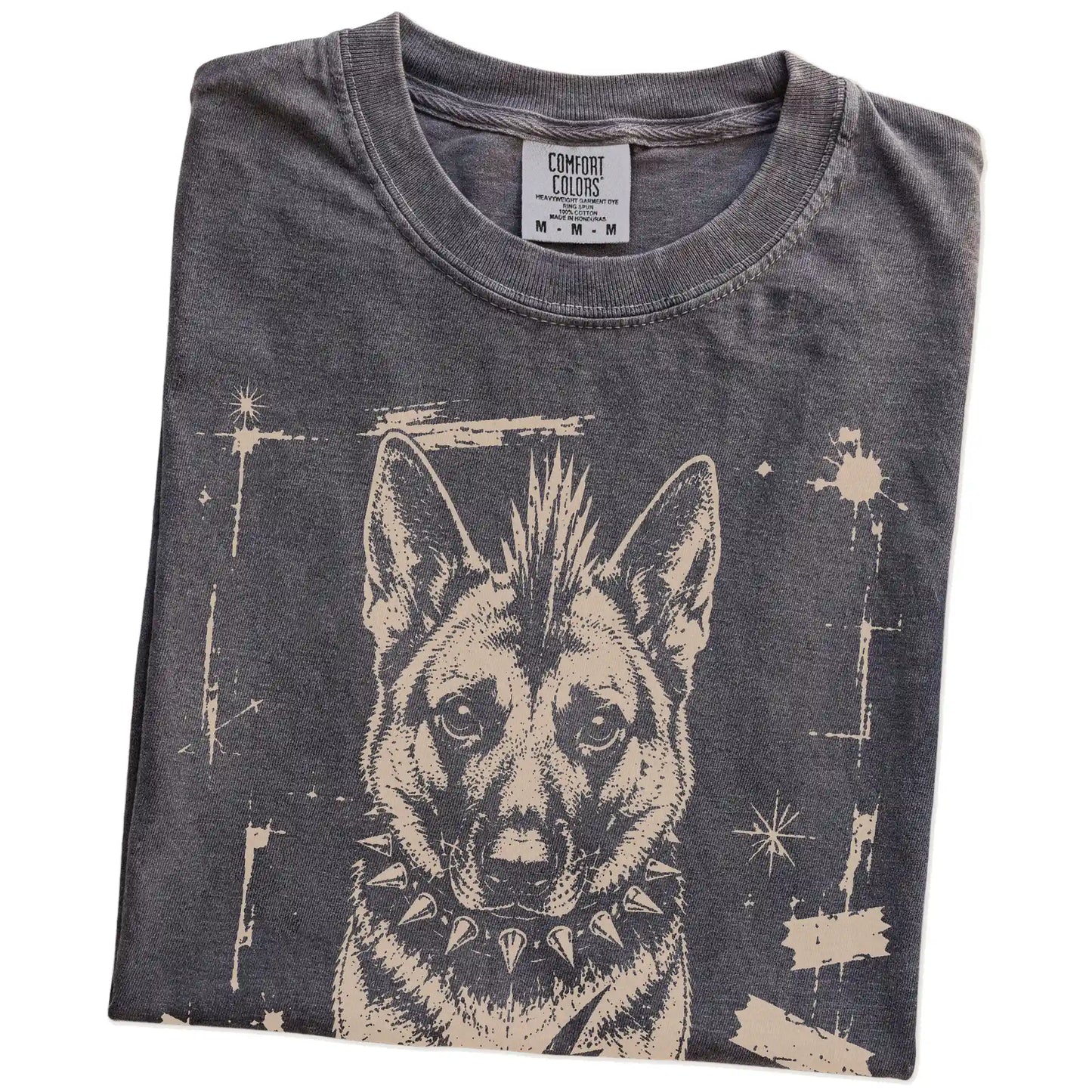Folded Pepper Punk Rock German Shepherd T-Shirt showing the graphic