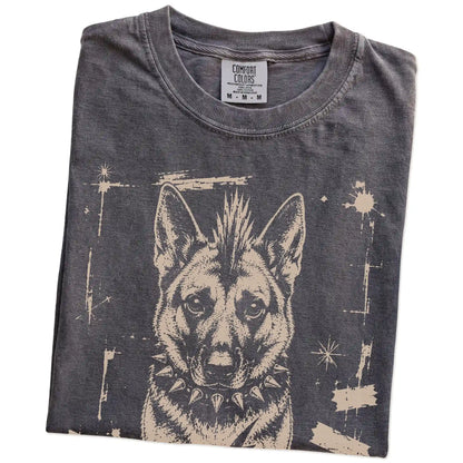 Folded Pepper Punk Rock German Shepherd T-Shirt showing the graphic