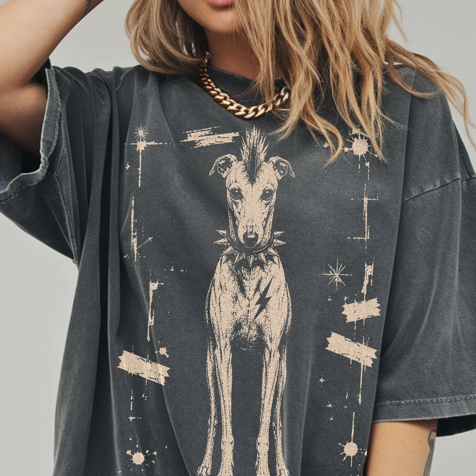 Woman wearing a Pepper Punk Rock Greyhound T-Shirt
