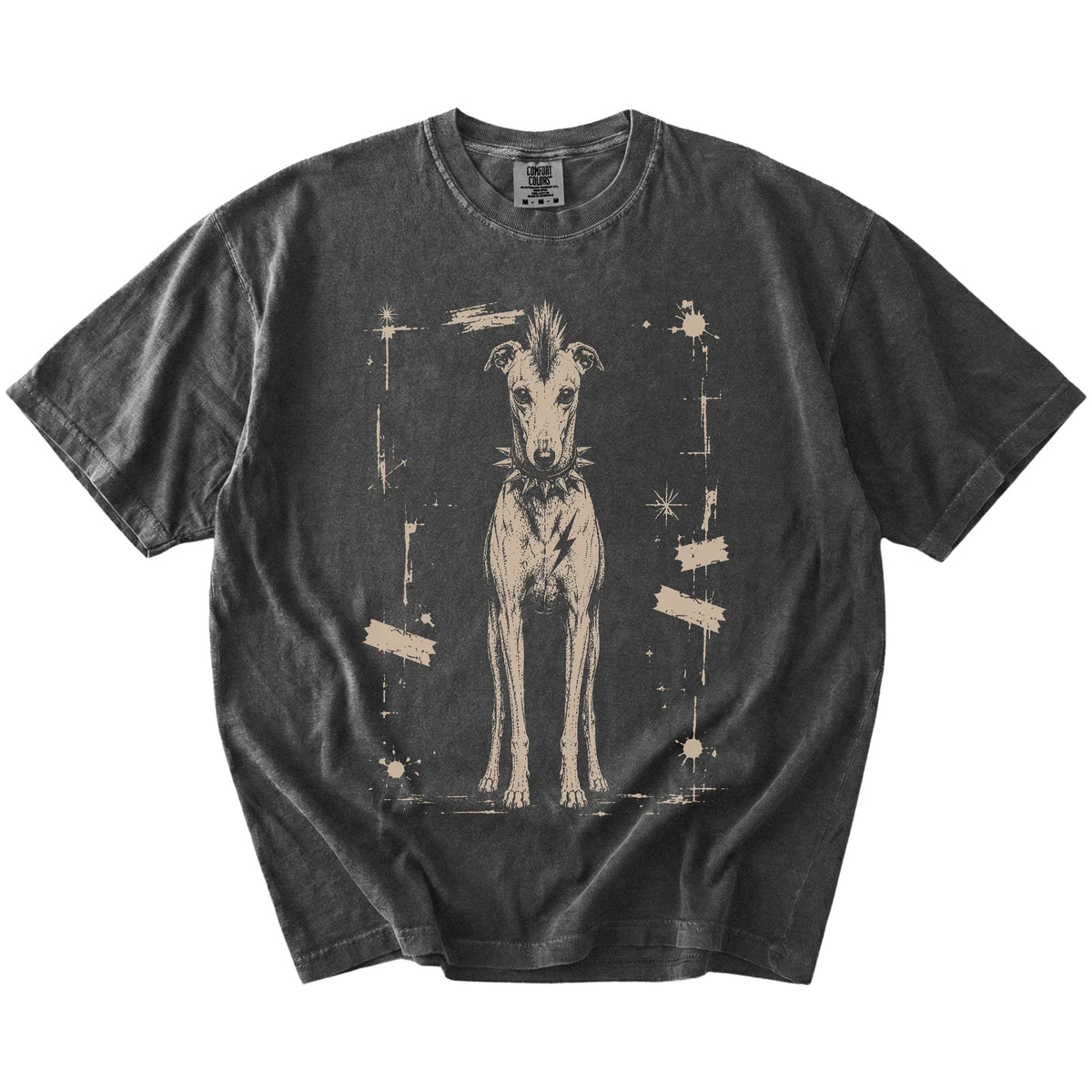 Pepper Punk Rock Greyhound T-Shirt laid flat