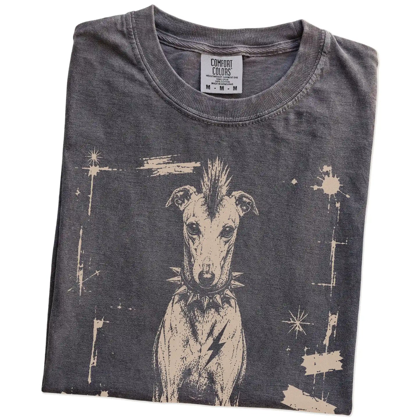 Folded Pepper Punk Rock Greyhound T-Shirt showing the graphic
