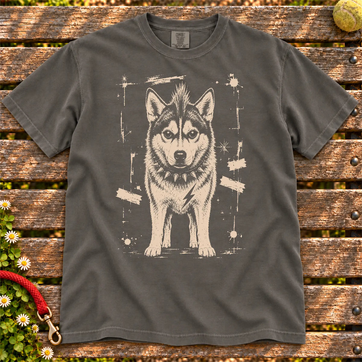 Husky Punk Rock design on a Pepper T-shirt shown flat