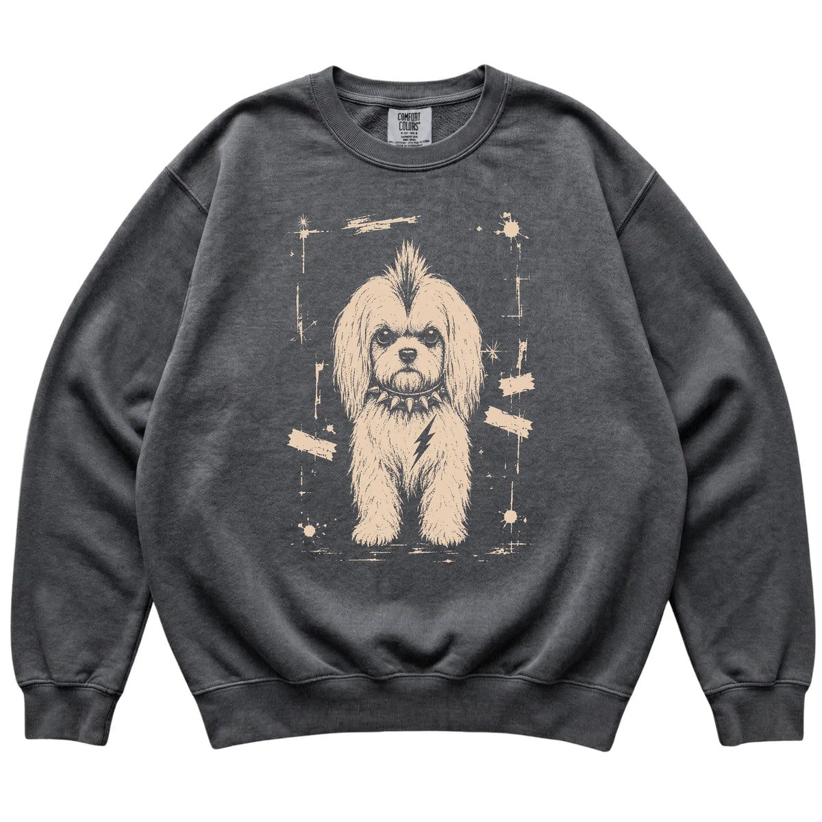 Pepper Punk Rock Maltese Comfort Colors sweatshirt, flat view