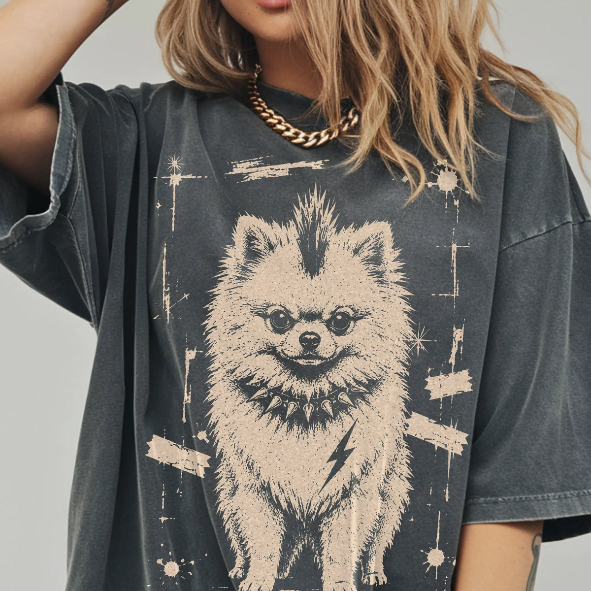 Woman wearing a Pepper Punk Rock Pomeranian T-Shirt