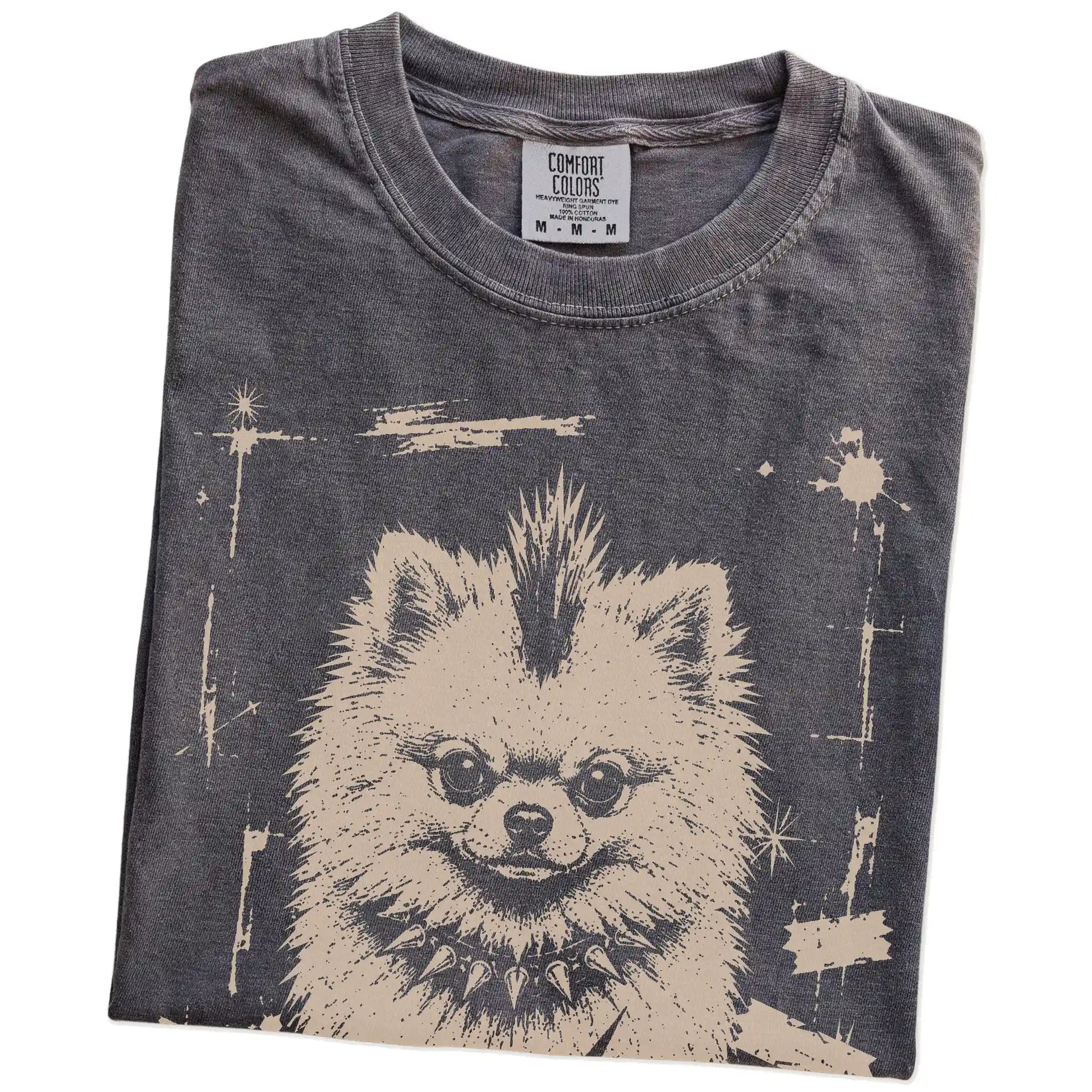 Folded Pepper Punk Rock Pomeranian T-Shirt showing the graphic