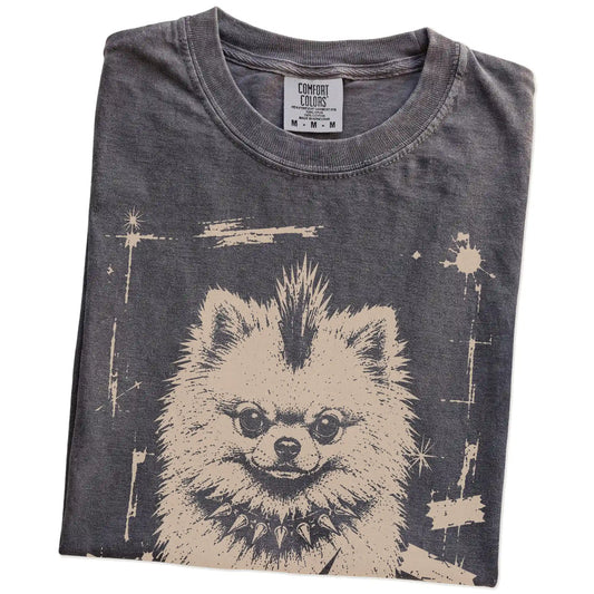 Folded Pepper Punk Rock Pomeranian T-Shirt showing the graphic