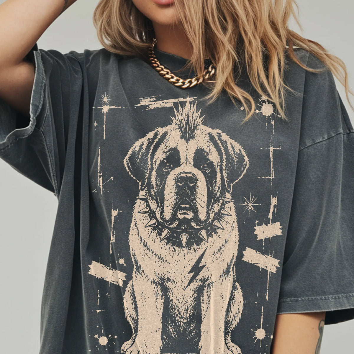 Woman wearing a Pepper Punk Rock Saint Bernard T-Shirt