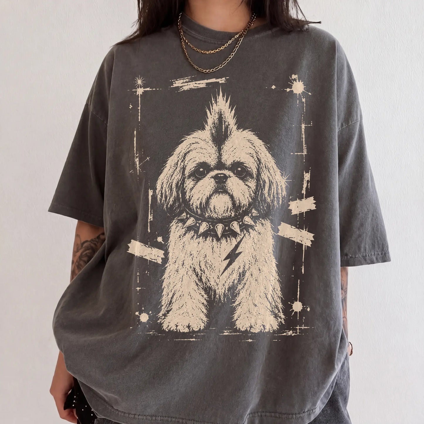 Woman wearing a Pepper Punk Rock Shih Tzu T-Shirt