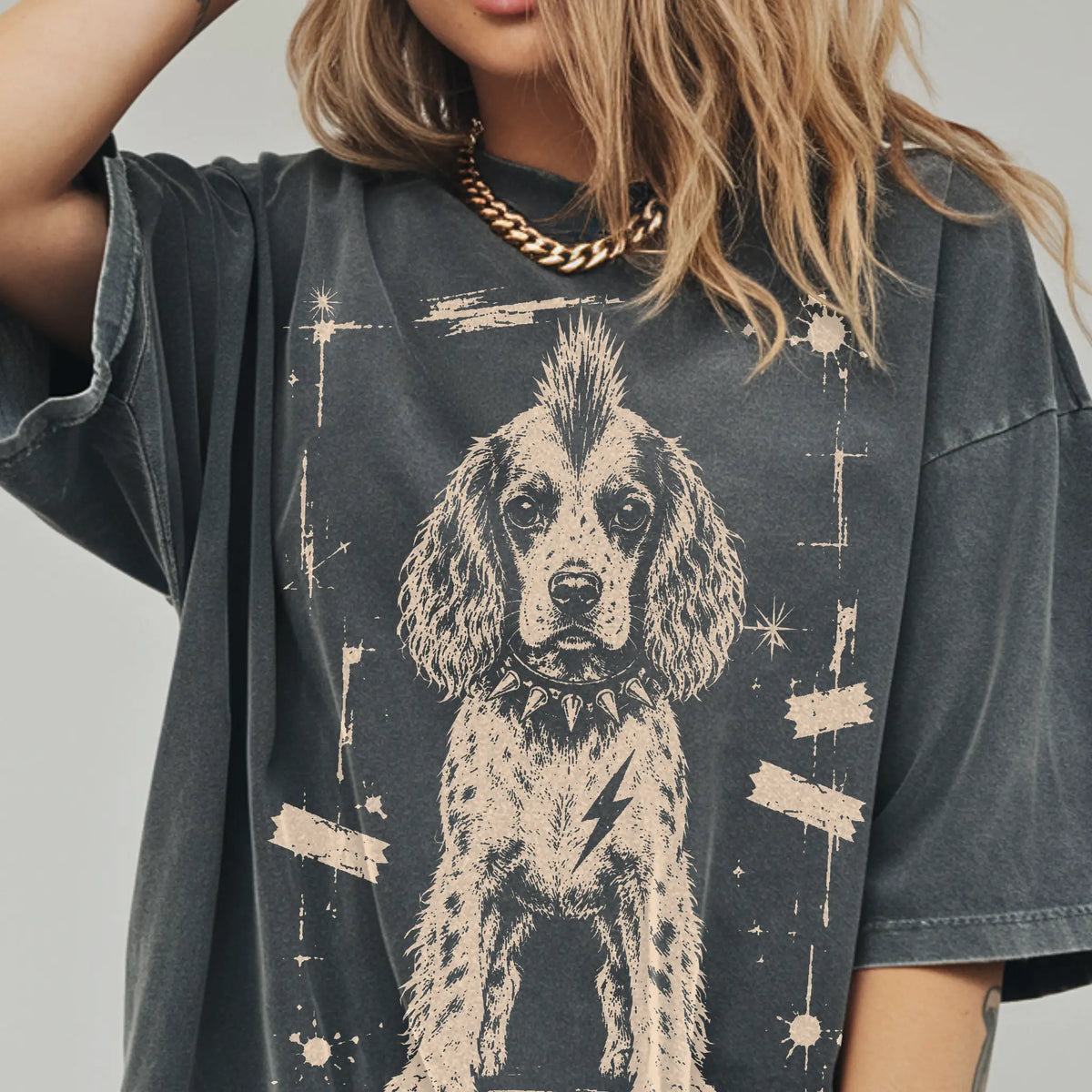 Woman wearing a Pepper Punk Rock Springer Spaniel T-Shirt