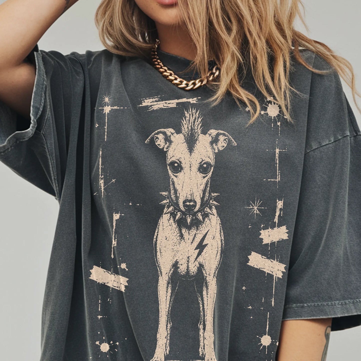 Woman wearing a Pepper Punk Rock Whippet T-Shirt