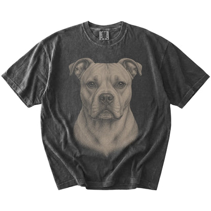 A realistic drawing of a American Bulldog on a Pepper Comfort Colors® T-shirt