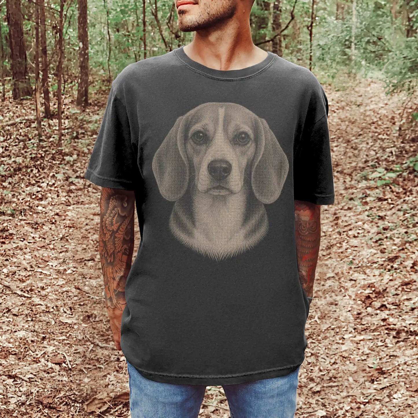 Model wearing a Pepper Comfort Colors® T-shirt with a realistic drawing of a Beagle