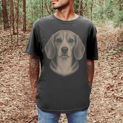Model wearing a Pepper Comfort Colors® T-shirt with a realistic drawing of a Beagle