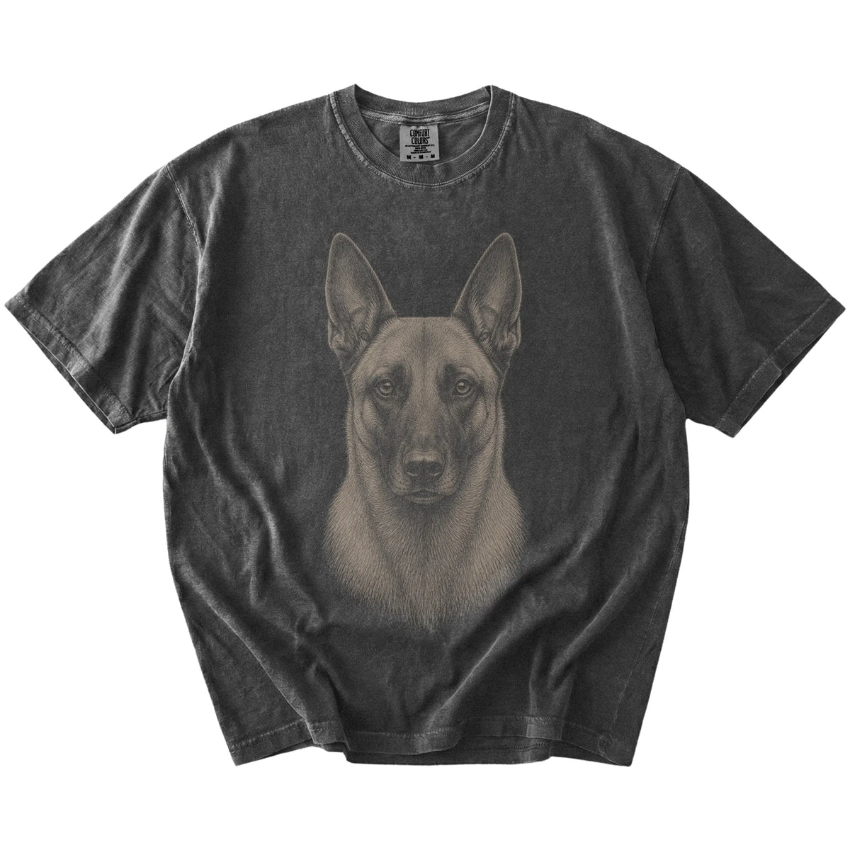 A realistic drawing of a Belgian Malinois on a Pepper Comfort Colors® T-shirt