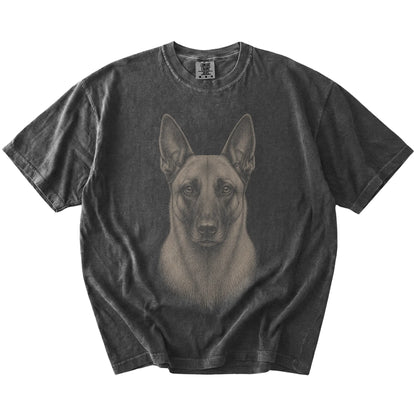 A realistic drawing of a Belgian Malinois on a Pepper Comfort Colors® T-shirt