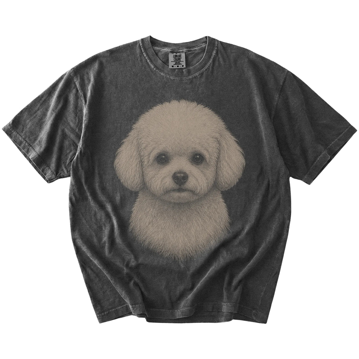 A realistic drawing of a Bichon Frise on a Pepper Comfort Colors® T-shirt