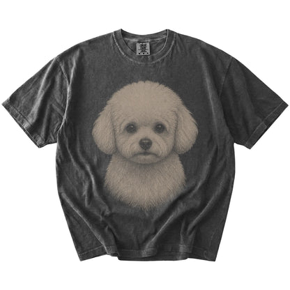 A realistic drawing of a Bichon Frise on a Pepper Comfort Colors® T-shirt