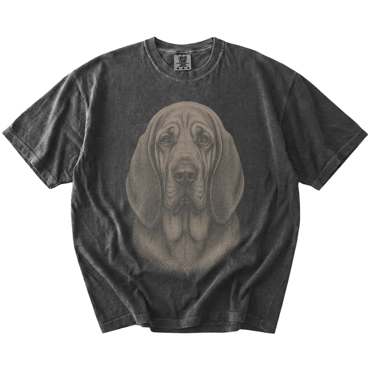 A realistic drawing of a Bloodhound on a Pepper Comfort Colors® T-shirt