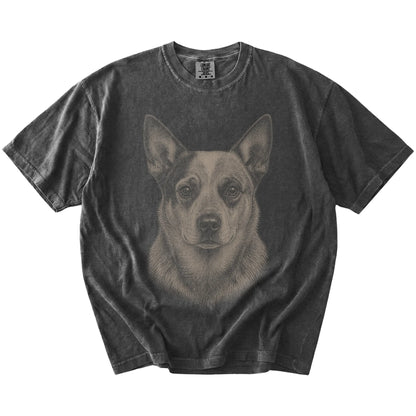 A realistic drawing of a Blue Heeler on a Pepper Comfort Colors® T-shirt