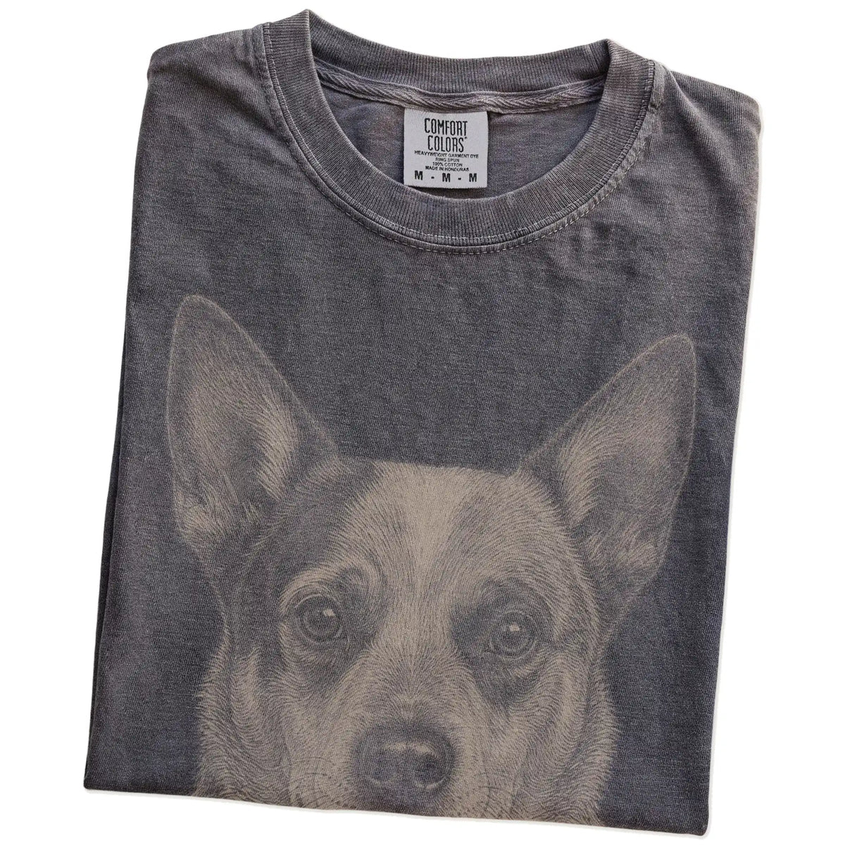 Folded Pepper Comfort Colors® T-shirt showing a realistic drawing of a Blue Heeler