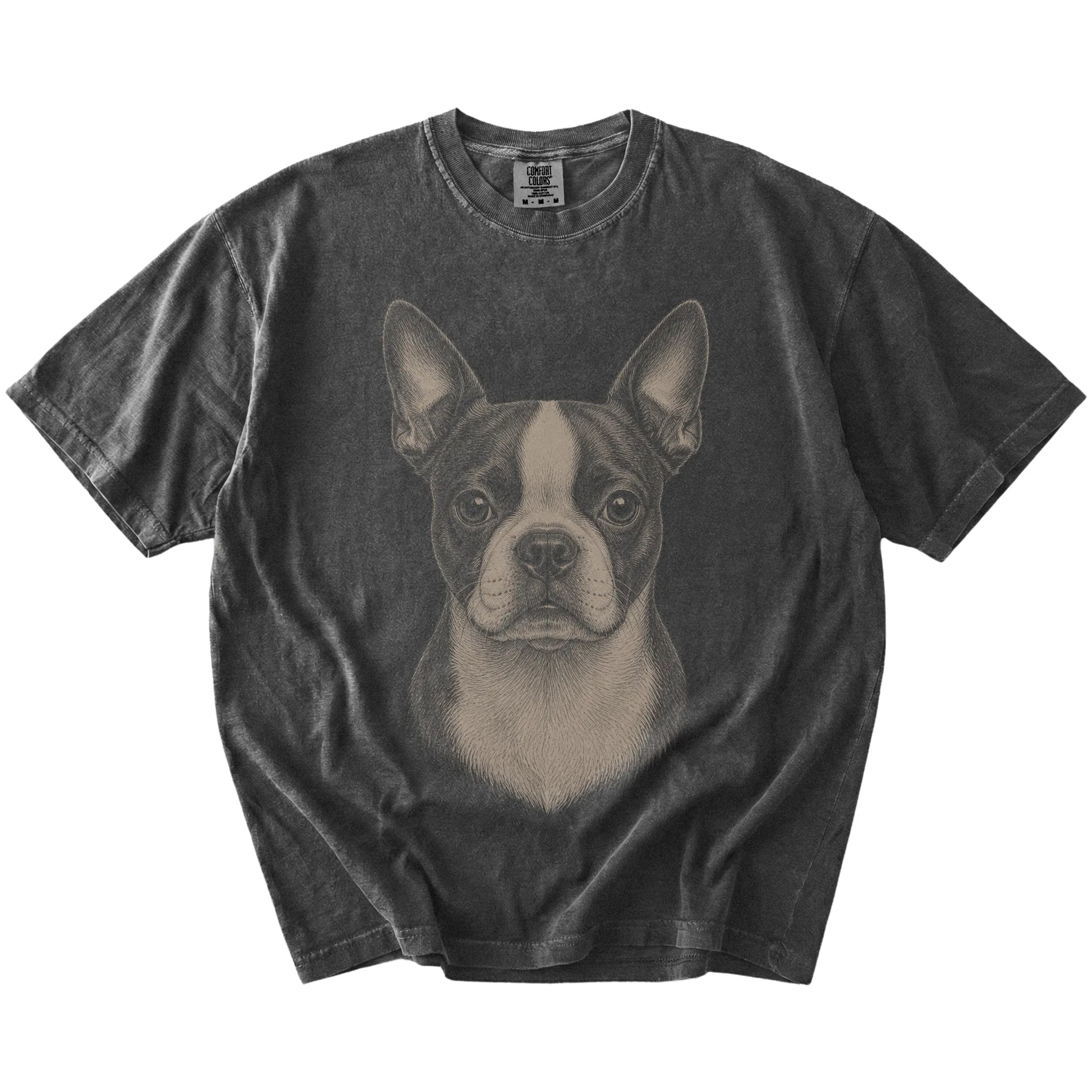 A realistic drawing of a Boston Terrier on a Pepper Comfort Colors® T-shirt