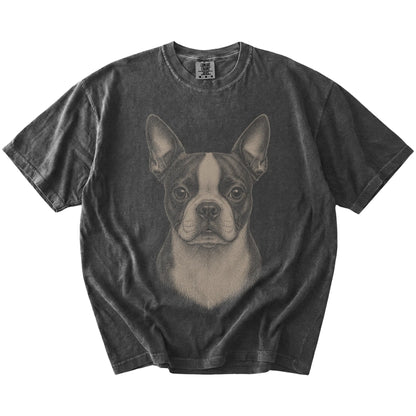 A realistic drawing of a Boston Terrier on a Pepper Comfort Colors® T-shirt