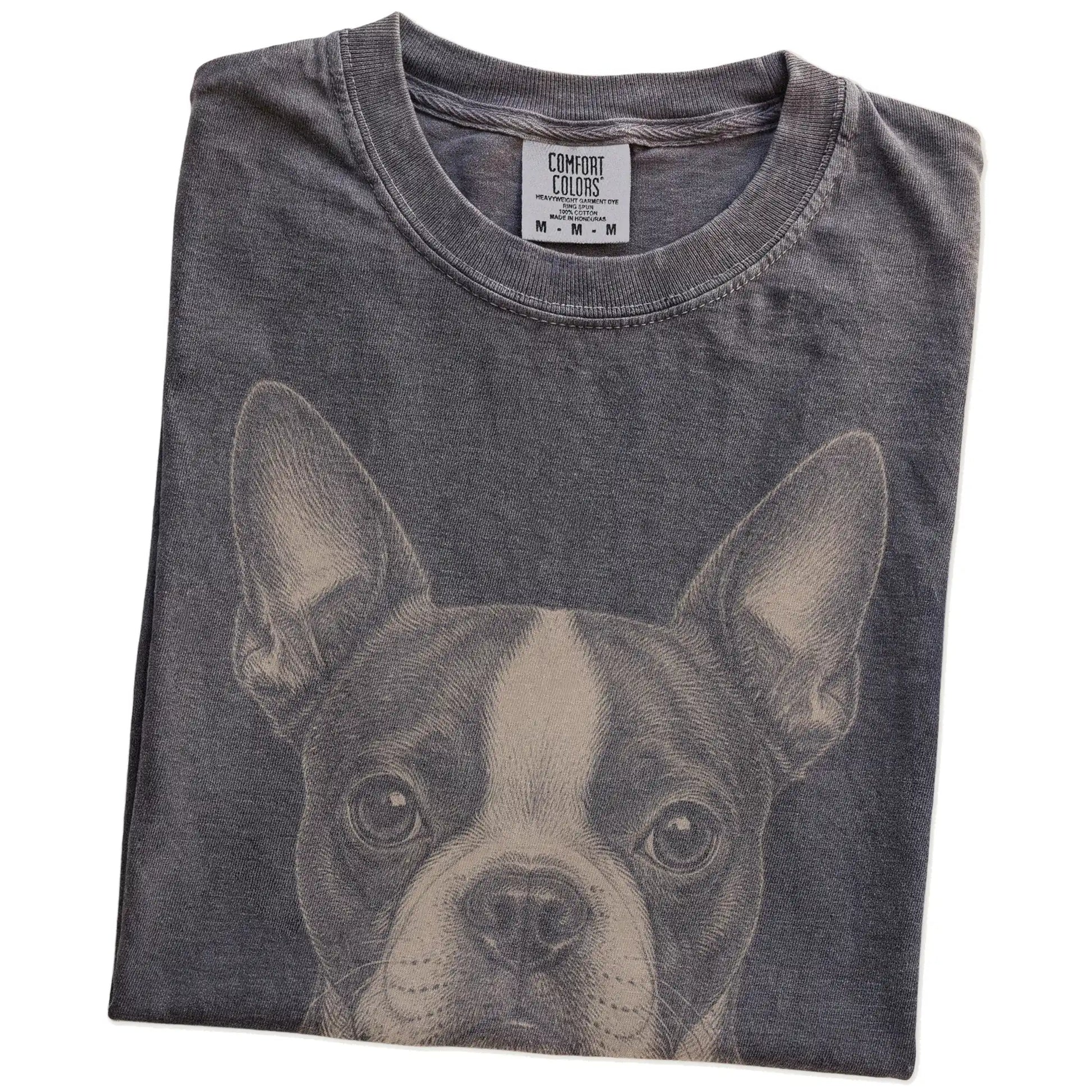 Folded Pepper Comfort Colors® T-shirt showing a realistic drawing of a Boston Terrier