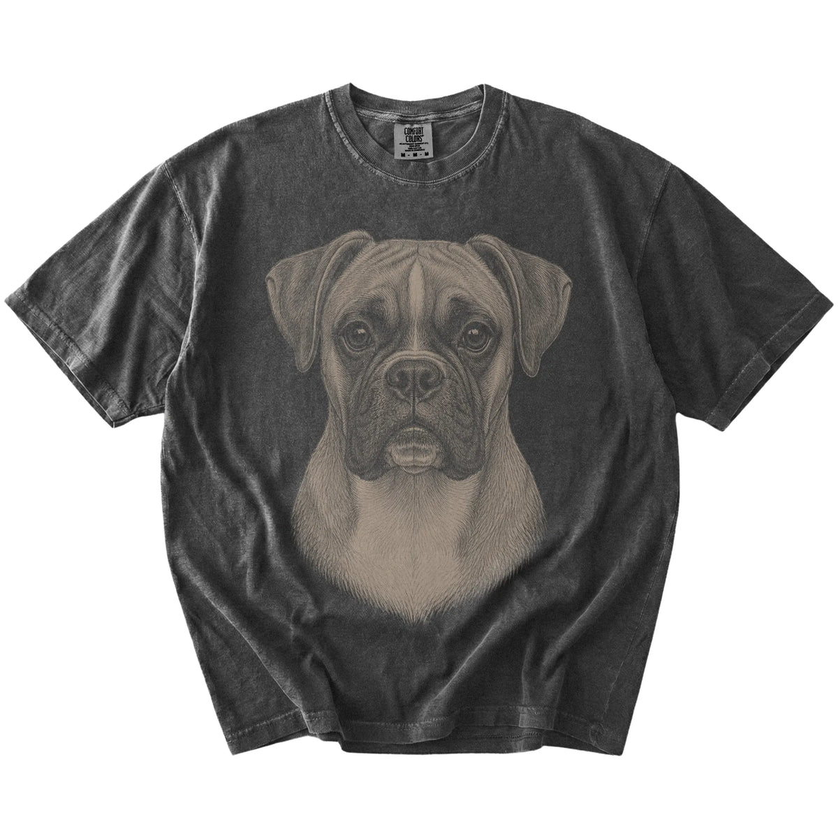 A realistic drawing of a Boxer on a Pepper Comfort Colors® T-shirt