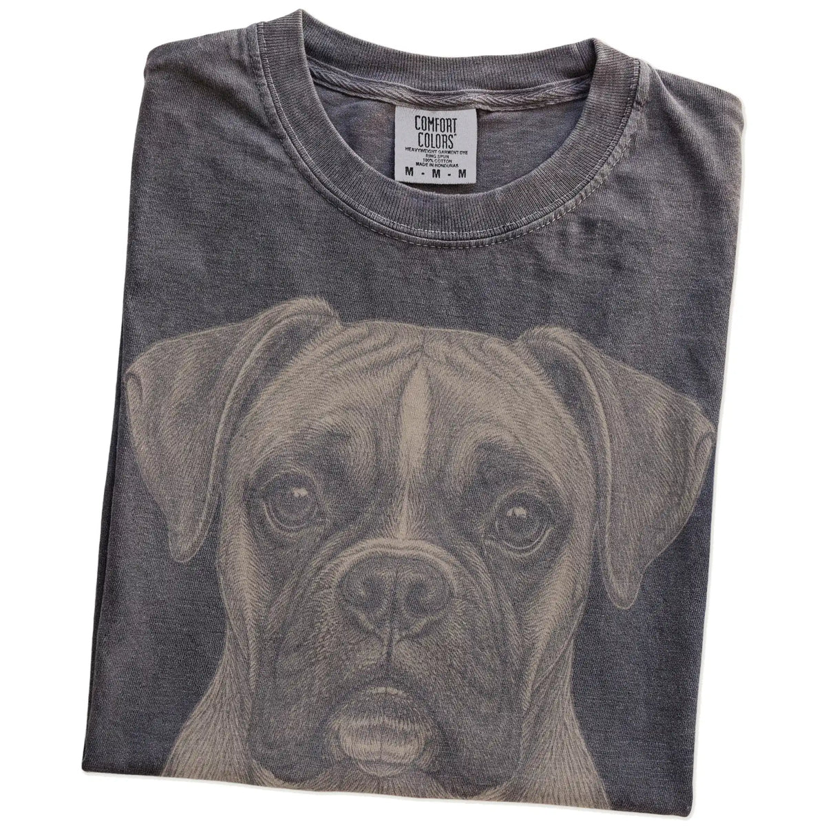 Folded Pepper Comfort Colors® T-shirt showing a realistic drawing of a Boxer