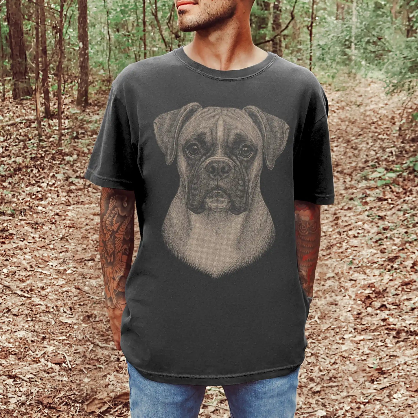 Model wearing a Pepper Comfort Colors® T-shirt with a realistic drawing of a Boxer