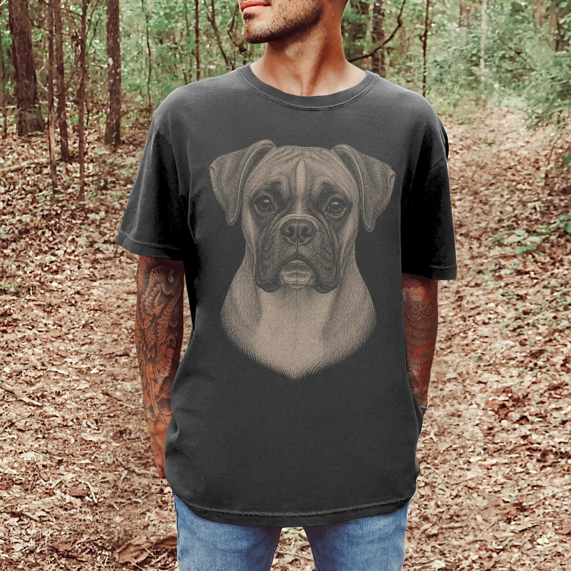 Model wearing a Pepper Comfort Colors® T-shirt with a realistic drawing of a Boxer