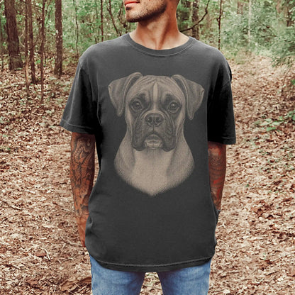 Model wearing a Pepper Comfort Colors® T-shirt with a realistic drawing of a Boxer