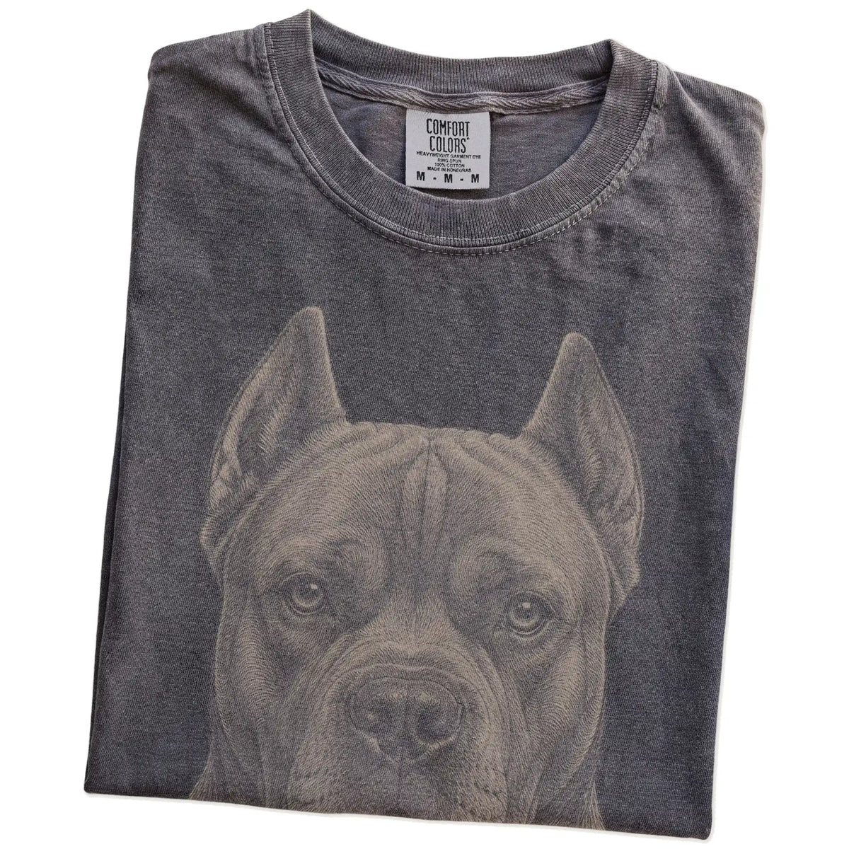 Folded Pepper Comfort Colors® T-shirt showing a realistic drawing of a Cane Corso