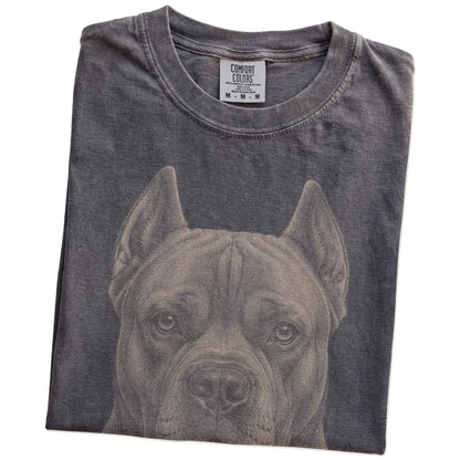 Folded Pepper Comfort Colors® T-shirt showing a realistic drawing of a Cane Corso