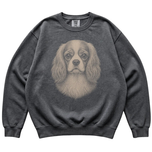 Pepper Realistic Drawing Cavalier King Charles Spaniel Comfort Colors sweatshirt, flat view