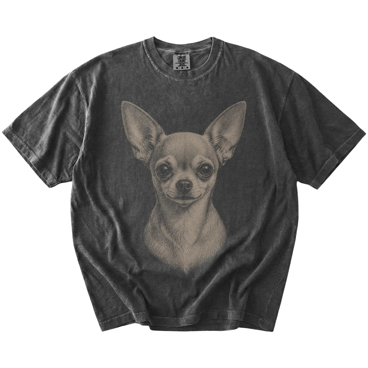 A realistic drawing of a Chihuahua on a Pepper Comfort Colors® T-shirt