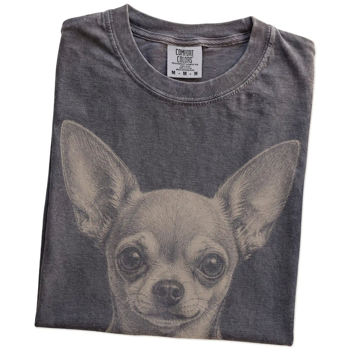 Folded Pepper Comfort Colors® T-shirt showing a realistic drawing of a Chihuahua