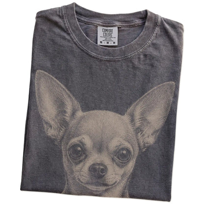 Folded Pepper Comfort Colors® T-shirt showing a realistic drawing of a Chihuahua