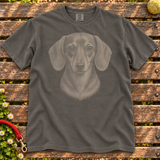 Realistic Drawing Dachshund design on a Pepper Comfort Colors T-shirt, shown flat