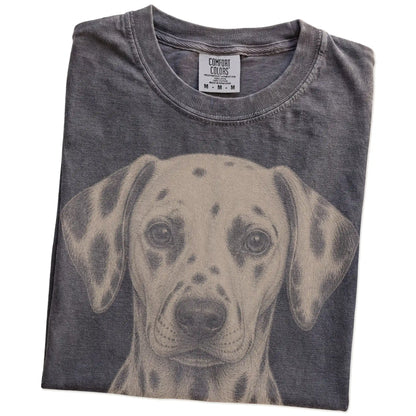 Folded Pepper Comfort Colors® T-shirt showing a realistic drawing of a Dalmatian