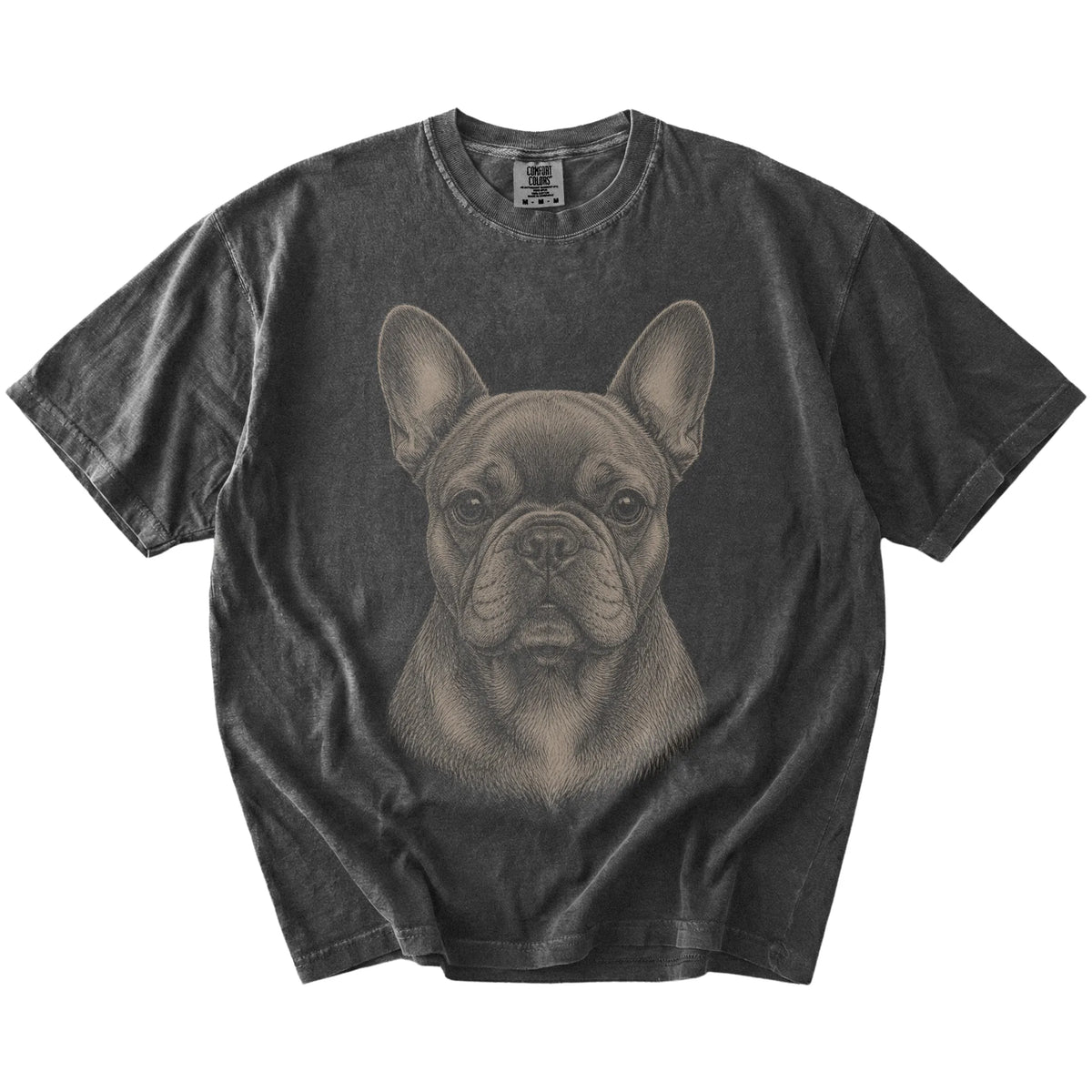 A realistic drawing of a French Bulldog on a Pepper Comfort Colors® T-shirt