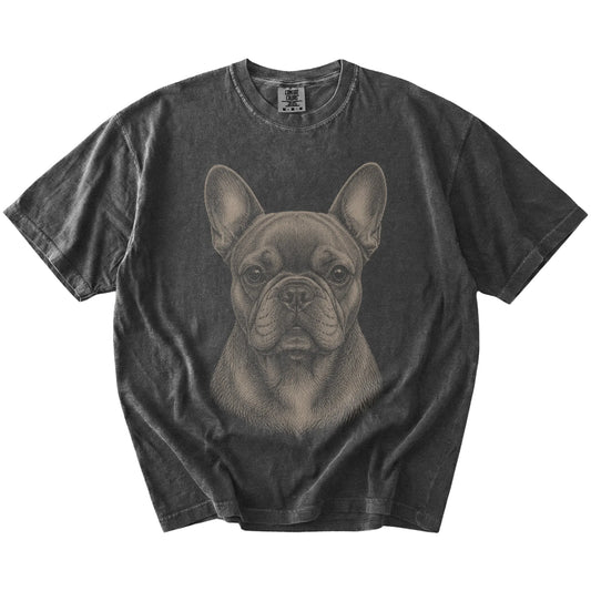 A realistic drawing of a French Bulldog on a Pepper Comfort Colors® T-shirt