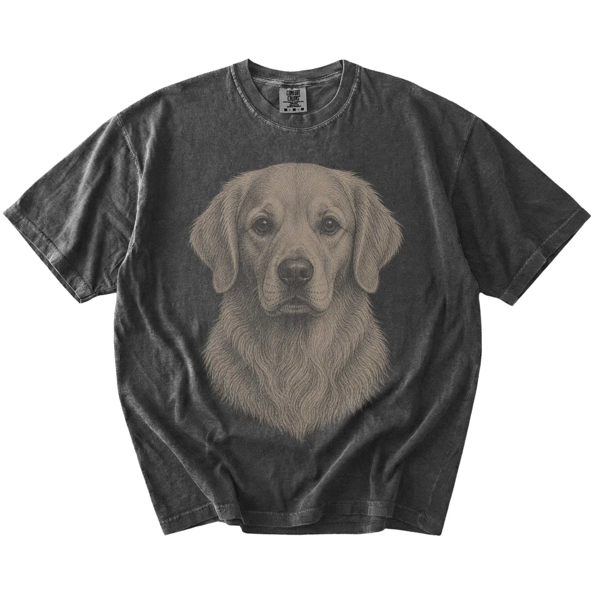 A realistic drawing of a Golden Retriever on a Pepper Comfort Colors® T-shirt